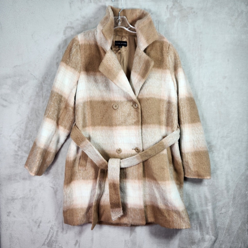 Susan Graver Plaid Faux Fur Coat Womens Large Tan Belted Double Breasted A668789